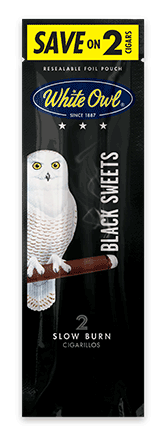 A two stick pouch of Black Sweets flavor White Owl cigarillos.