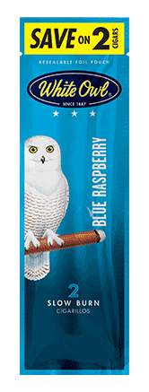 A two stick pouch of Blue Raspberry flavor White Owl cigarillos.