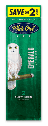A two stick pouch of Emerald flavor White Owl cigarillos.