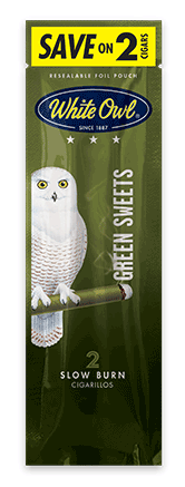 A two stick pouch of Green Sweets flavor White Owl cigarillos.