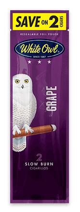 A two stick pouch of Grape flavor White Owl cigarillos.