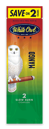 A two stick pouch of Mango flavor White Owl cigarillos.
