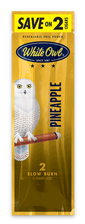 A two stick pouch of Pineapple flavor White Owl cigarillos.
