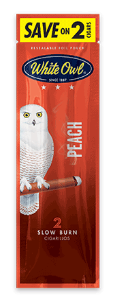 A two stick pouch of Peach flavor White Owl cigarillos.