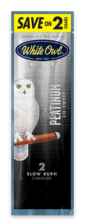 A two stick pouch of Platinum flavor White Owl cigarillos.