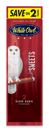A two stick pouch of Sweets flavor White Owl cigarillos.