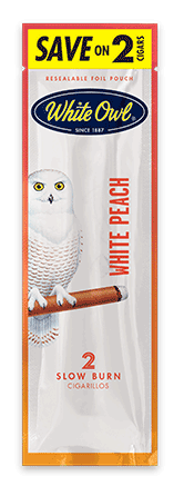 A two stick pouch of White Peach flavor White Owl cigarillos.