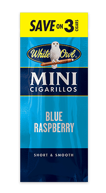 A three stick pouch of Blue Raspberry flavor White Owl mini cigarillos.