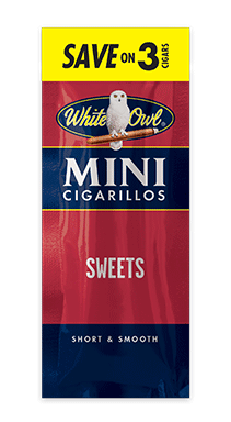 A three stick pouch of Sweets flavor White Owl mini cigarillos.
