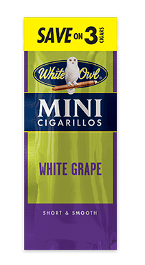 A three stick pouch of White Grape flavor White Owl mini cigarillos.