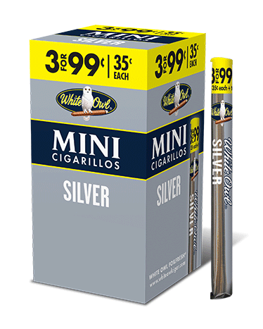 A thirty count Upright of individually wrapped Silver flavor White Owl Single Sticks.