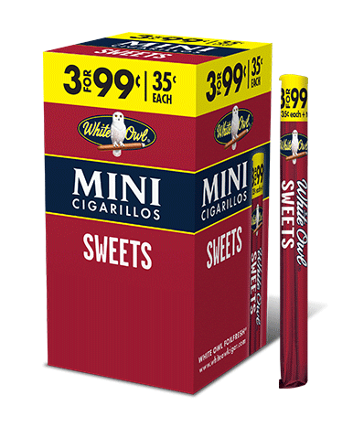 A thirty count Upright of individually wrapped Sweets flavor White Owl Single Sticks.