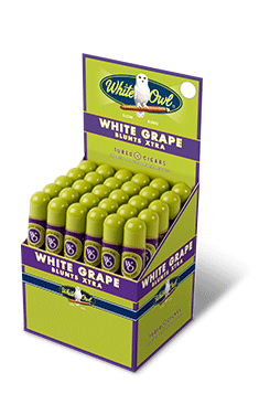 A thirty count upright of White Grape flavor White Owl Blunt Xtra large tube cigars.