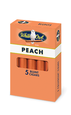 A pack of five Peach flavor White Owl Large Blunt cigars.