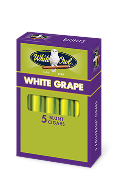 A pack of five White Grape flavor White Owl Large Blunt cigars.